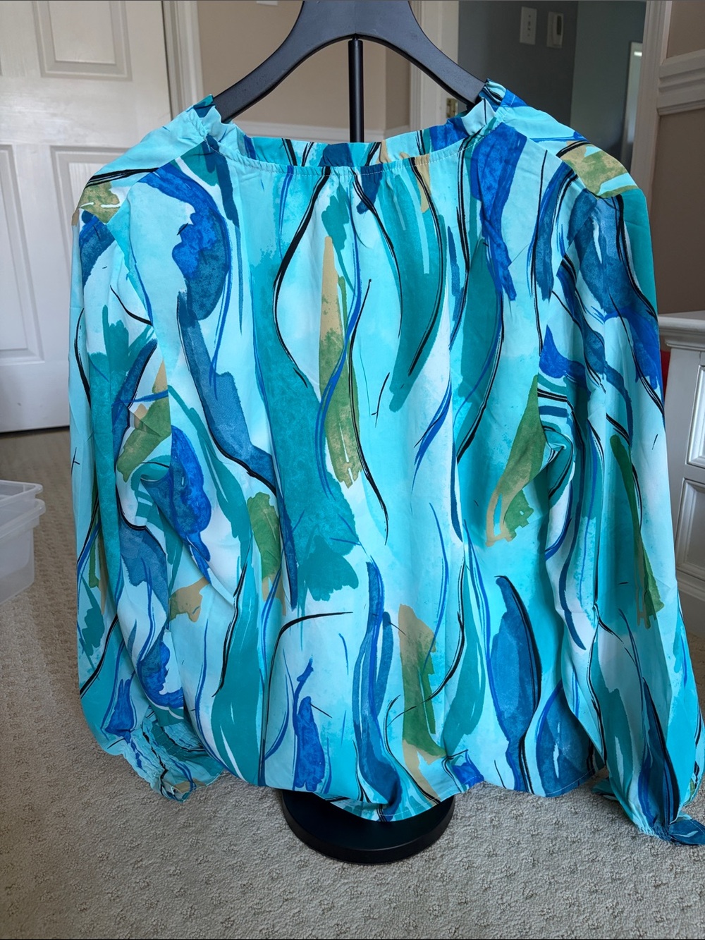 Watercolor Teal Blue Abstract V-Neck Blouse - Picture 2 of 2